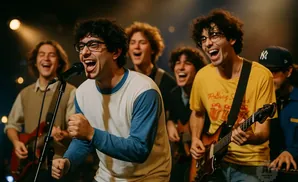 A rock band performs on stage, with the lead singer in the foreground belting into a microphone.