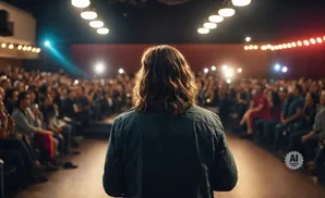 A person with long hair faces a seated audience in a dimly lit auditorium with bright stage lights.