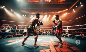 Two boxers in a ring, one in black shorts, the other in red shorts, facing each other under bright lights.