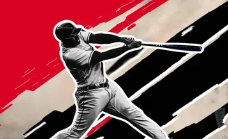 A baseball player swings a bat against a graphic background of red, black, and beige streaks.