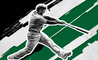 A baseball player swings a bat against a background of green and black stripes.