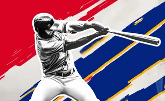 A black and white illustration of a baseball player swinging a bat against a background of red, blue, and yellow stripes.
