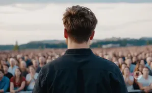Back of a man in a dark shirt facing a large, blurry crowd at an outdoor event.