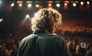 A person with curly blonde hair faces away from the camera, looking towards a blurred audience in a dimly lit venue.