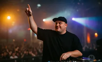 DJ wearing a black t-shirt and cap, with arm raised pointing upwards, standing behind a DJ booth with a crowd in the background.