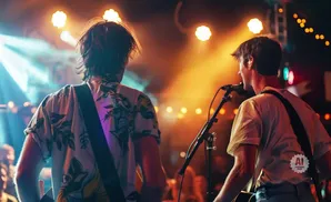 Two guitarists perform on stage under warm, colorful lights.