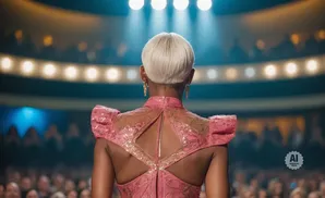 Woman with short blonde hair and a pink sequined dress on stage with spotlights.