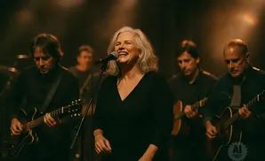 A band performs on stage, with a female singer in the foreground laughing into a microphone.