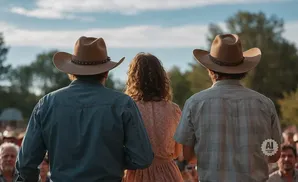 Three people in cowboy hats face away from the camera at an outdoor event.