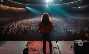 A person with long hair stands on stage, facing a large cheering crowd holding up phones and cameras.