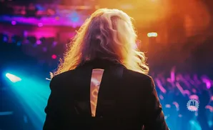 Man with long blonde hair on a stage facing a cheering crowd, lit by blue and purple lights.