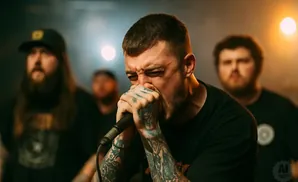 A man sings intensely into a microphone, with bandmates blurred in the background.