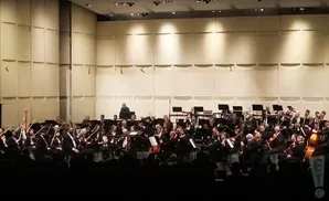 An orchestra performs on a stage with a large wall of light panels behind them.