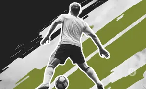 Soccer player in mid-action with a ball, on a stylized background of black and green diagonal lines.