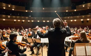 A conductor leads an orchestra in a concert hall.