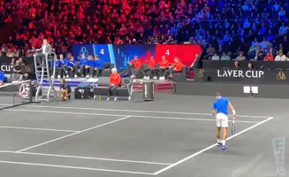 Tennis player in blue on court, with spectators in red and blue in the background.