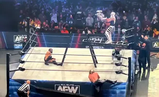 Wrestler in mask stands on ladder in ring, opponent sits on mat, another wrestler on ring edge.
