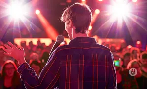 A person with a microphone and outstretched hand addresses a blurred audience under red stage lights.