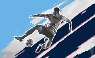 A soccer player mid-air, kicking a ball. The background features abstract blue and dark blue stripes.