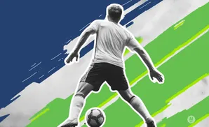 Soccer player kicking a ball, depicted with a stylized background of blue and green diagonal stripes.