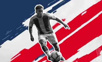 Soccer player dribbling a ball against a red, white, and blue abstract background.