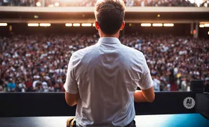 A man in a light blue shirt stands with his back to the camera, facing a large, blurred audience.