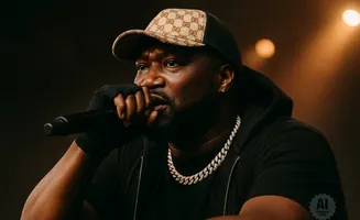 A man wearing a Gucci hat and diamond chain speaks into a microphone.
