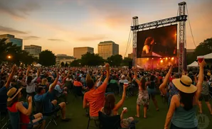Crowd cheers at an outdoor concert, raising hands toward a large screen showing a performer.