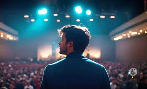 A man in a suit faces a large audience on a dimly lit stage with blue spotlights.