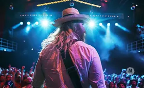 A performer in a straw hat and pink shirt plays to a cheering crowd under bright blue stage lights.