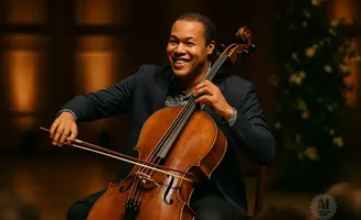 A Black man smiles while playing the cello on stage.