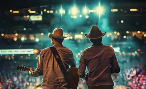 Two men in cowboy hats play guitars on a stage with bright lights and a cheering crowd.