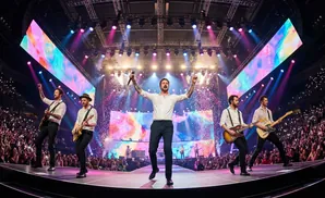 A band performs on a stage with a colorful backdrop and cheering crowd.