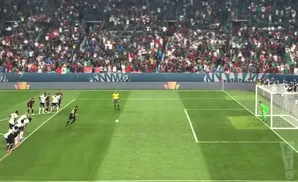 Soccer players line up for a free kick in a stadium filled with cheering fans.