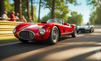 A red vintage Ferrari races on a track next to a silver car, with spectators in the background.