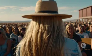A woman in a wide-brimmed hat faces away from the camera, her blonde hair spilling over a denim jacket, as she stands before a large outdoor crowd.