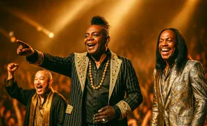 Three musicians on stage, two in elaborate gold suits, laughing and pointing at the audience.