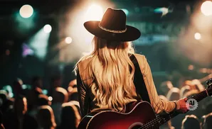 A woman with long blonde hair and a black hat plays an acoustic guitar on stage in front of a crowd.