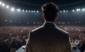 Man in a suit facing a large, cheering crowd under stadium lights.