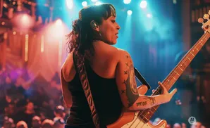 A woman plays a bass guitar on stage with a crowd watching.