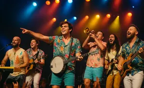 A band performs on stage, with men playing instruments and singing under colorful lights.