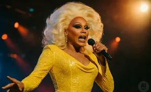 RuPaul in a sparkly yellow dress and blonde wig sings into a microphone on stage.