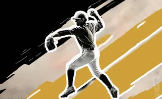 A baseball pitcher in mid-throw against a graphic black and gold background.