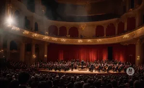An orchestra performs for a large audience in a grand, ornate theater with red curtains.