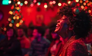 Woman in a sparkly red top with Christmas ornaments in her hair laughs with her head thrown back, surrounded by blurred colorful lights.
