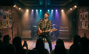 A male guitarist sings into a microphone on a brick stage, bathed in spotlights, with a crowd watching.