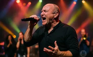 Singer with bald head and black shirt sings into microphone on stage with colorful lights.