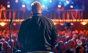 A man in a bomber jacket faces a cheering crowd on a dimly lit stage.