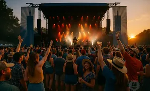 A crowd at an outdoor concert watches a band perform on a stage at sunset.