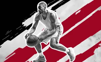 A basketball player dribbles the ball with dynamic red and black background stripes.